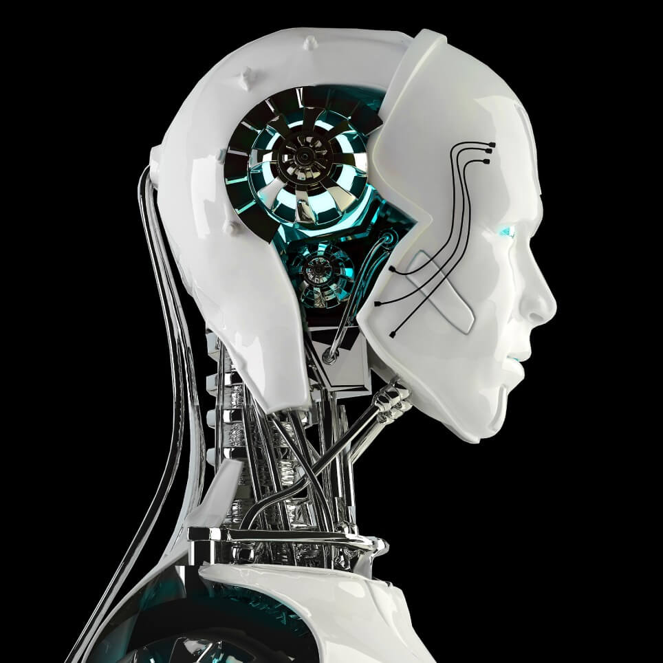 ニューラルネットワークを備えたロボットの頭部を横から見た図